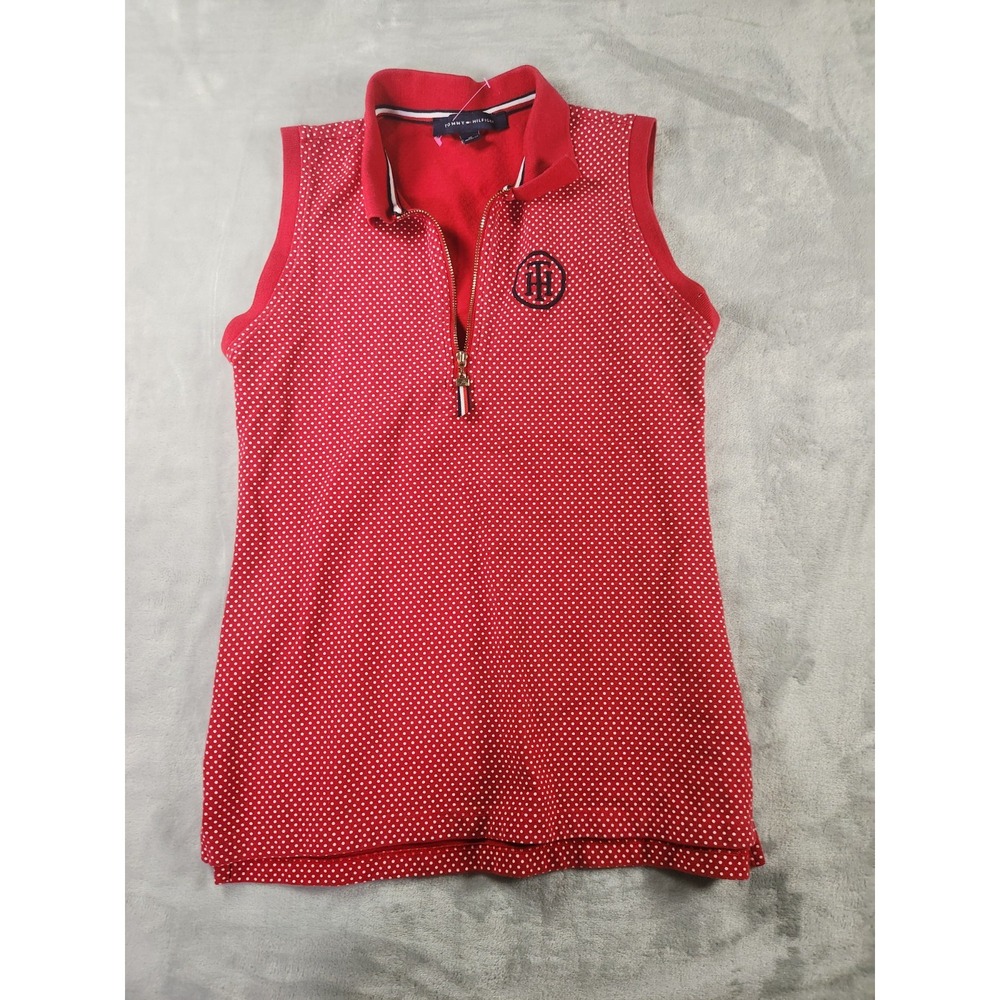 Tommy Hilfiger Womens Sleeveless Polo XS‎ Red White Polka Dots Collared Pullover